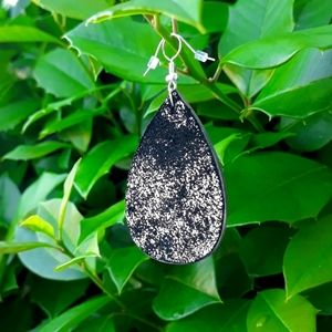 Black/Silver Suede & Wood Teardrop Statement Earrings by J.Monique